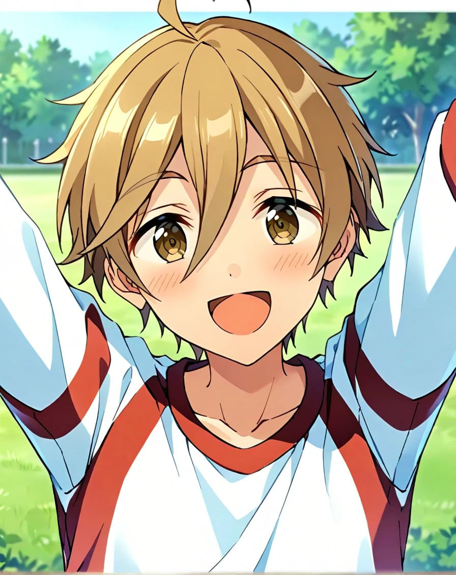 masterpiece, best quality, very aesthetic, absurdres, very detailed, score_9, score_8_up, score_7_up, depth of field, ((1boy, solo, male only, male focus, upperbody)), (mashiro_tomoya, brown hair, brown eyes, short hair, hair between eyes, bangs, ahoge), happy, looking at viewer, facing viewer, collarbone, outdoors, gym uniform, <lora:mashiro_tomoya_sdxl_lora:0.74>, <lora:Lightning-8:1>