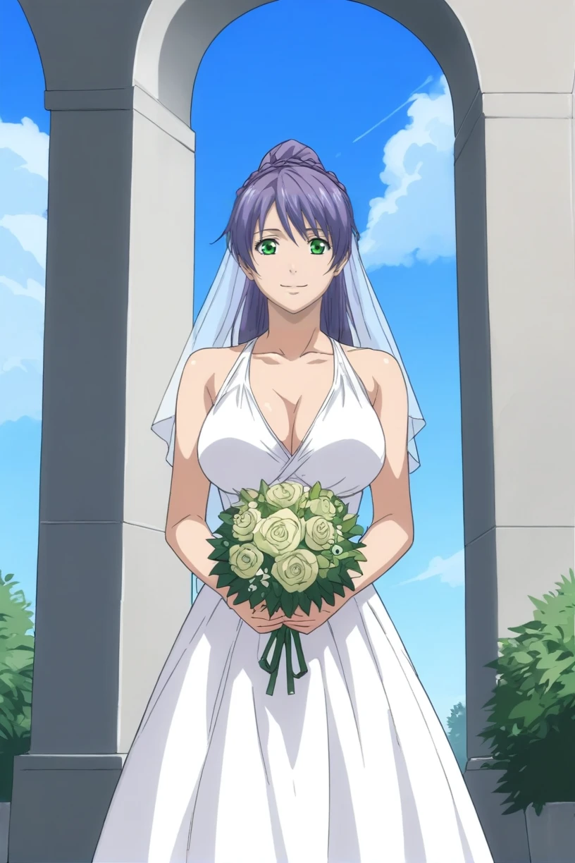 best quality,masterpiece,looking at viewer,absurdres,1girl,score_9,score_8_up,score_7_up,source_anime BREAK sasha,green eyes,purple hair,long hair,large breasts,<lora:033-å¥çç¥è¯LC-è¨æ²XLV2:0.8>,wedding dress,white dress,veil,garden,outdoors,standing,holding bouquet,blue sky,cloud,smile,half updo,french braid,ponytail,