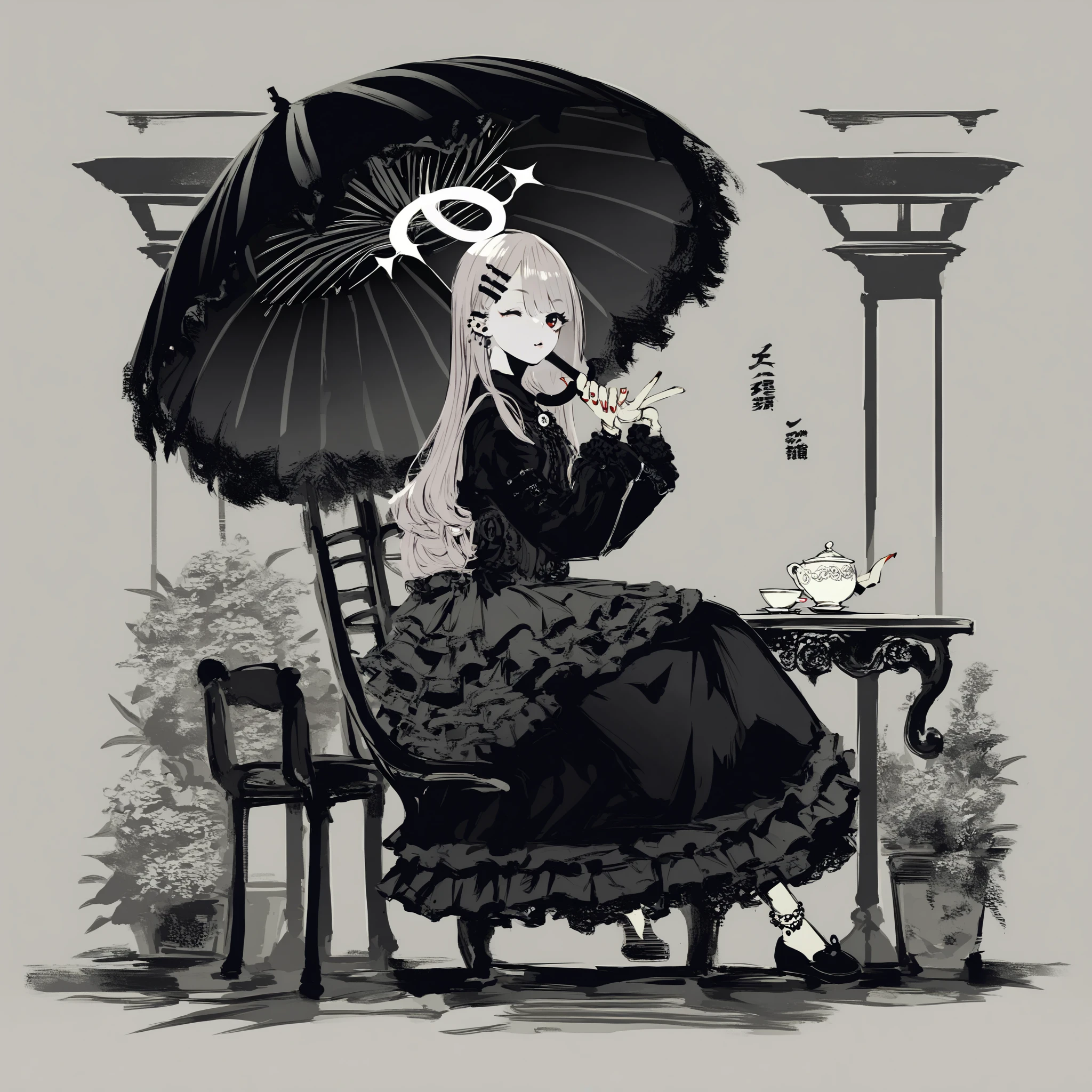 score_9, score_8_up, score_7_up, score_6_up, score_5_up, score_4_up, <lora:Sumi-ePonyXL:1>, full body, sumi-e, monochrome, 1girl, sticker, radiant, holding umbrella, sticker on face, side view, gothic dress, gothic fashion, side view, shoes, red slippers, sitting, table, chair, umbrella, halo, frilly dress, intricate clothing, brooch, ring, bracelet, anklet, hair accessory, hair, long hair, sidelocks, lavender hair, ear piercing, hair ornament, hairclip, hands up, long sleeves, looking at viewer, multicolored nails, winking, piercing, multicolored eyes, red nails, sleeves past wrists, solo, handband, garden, teacup