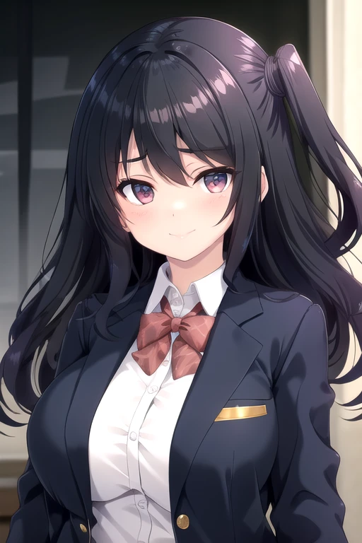 ((masterpiece)),(best quality),official art,extremely delicate and beautiful,extremely detailed CG,unity 8k wallpaper,ultra detailed,beautiful detailed eyes,extremely detailed face,outdoors,1girl,solo,upper body,(portrait:1.5),looking at viewer,facing viewer,smile,Minase Karin,very long hair,wavy hair,black hair,shiny hair,one side up,sidelocks,hair between eyes,bangs,pink eyes,school uniform,skindentation,black jacket,blazer,emblem,open clothes,open jacket,red bowtie,white shirt,dress shirt,collared shirt,long sleeves,large breasts,buttons,shirt tucked in,miniskirt,grey skirt,plaid skirt,pleated skirt,zettai ryouiki,black thighhighs,loafers,brown footwear,<lora:Minase Karin(wa jk jg):0.8>,