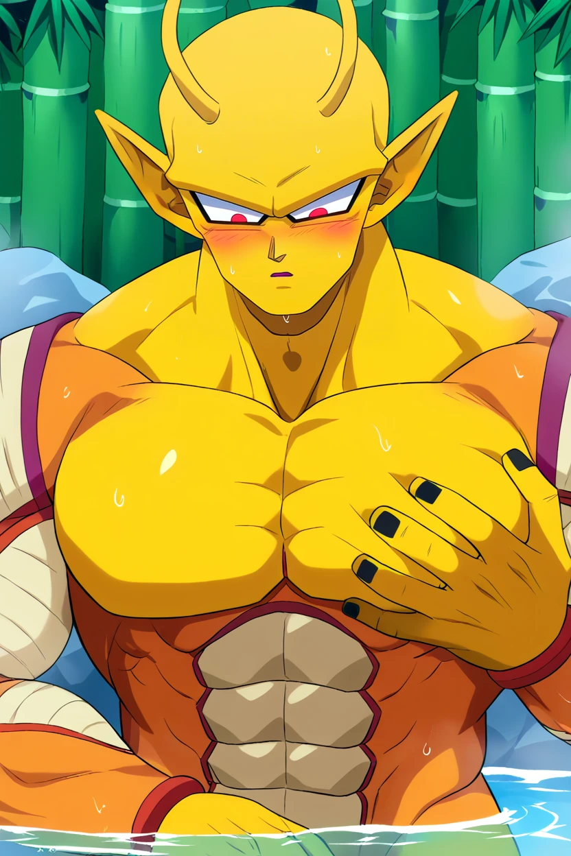 score_9, orange piccolo,1boy,solo,yellow skin, slug horn, red eyes, pointy ears, yellow patches,mature male,onsen, bamboo,:o,parted lips,blush,grabbing own breast,bathing,submerged,upper body,hand between legs,looking down,outdoors,arm at side,no , abs,yellow skin,purple tongue,black nails  <lora:PiccoloPonyV2:1>