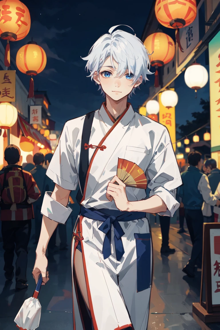 masterpiece, best quality, highres, 1boy, bluish white hair, colored tip, light blue hair tips, blue eyes, pale skin, lean body type, Koyuki Ayase, walking beside the viewer, enjoying night festival view, carrying a hand fan, wearing chinese clothes celebrating chinese festival, looking at the viwer, happy, festive atmosphere, outside, tanghulu vendor on the background, 
night, chins town,  <lora:koyukiAyase001:0.6>