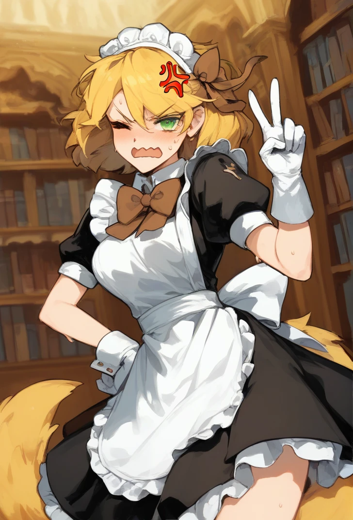 (score_9, score_8_up:1.1), score_7_up, masterpiece, <lora:Tiphereth_PM:1>, Tiphereth, TipherethLOR, 1girl, solo, female focus, blush, short hair, open mouth, blonde hair, gloves, library background, dress, bow, green eyes, tail, short sleeves, hair bow, sweat, one eye closed, alternate costume, puffy sleeves, white gloves, apron, black dress, puffy short sleeves, hand on hip, maid, maid headdress, v, wavy mouth, anger vein, maid apron, enmaided, brown bow, brown bowtie