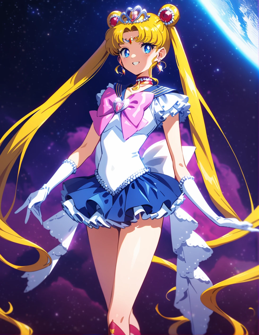 1girl, solo, <lora:sdxl-lyco-princess-sailormoon-animagine_xl_3_1-prodigy-v2-1-1-000020:1:lbw=0,0,0,0,0,0,0,0,1,1,0,0,0,0,1,1,1,0,0,0,0,0,0,0,0,0>, princesssailormoon, double bun, twintails, circlet, earrings, frill, choker, tiara, bow, white leotard,gloves, miniskirt, standing ,smile, best quality, very aesthetic, ultra-detailed, intricate details, 4k,, newest, (retro:-1.0) ,(1990s:-1.0), BREAK on a starship