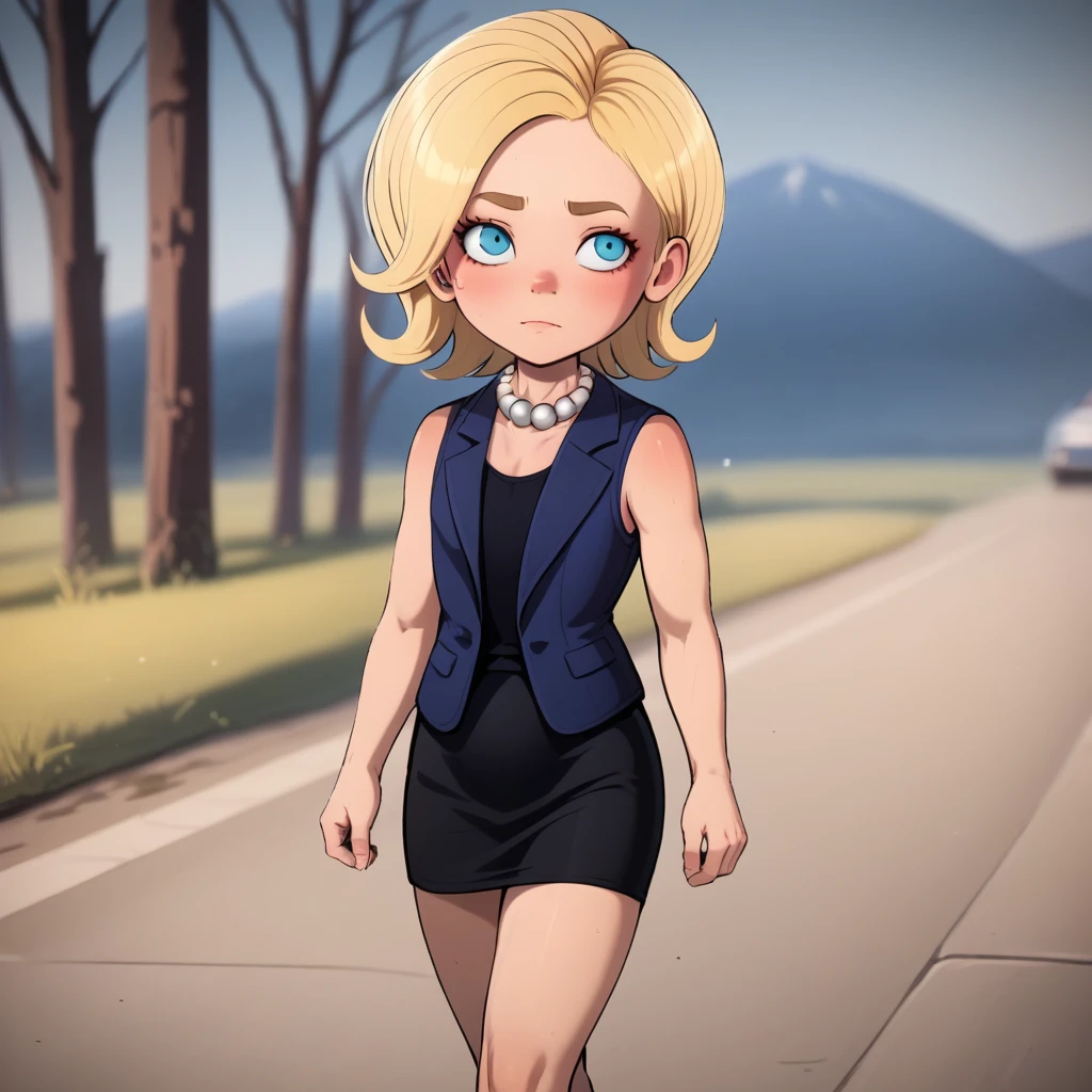 score_8_up, BREAK, Hilloli Clinton , 1girl, solo, blonde hair, short hair, pearl necklace, blue vest, black dress, short dress,  sleeveless, <lora:Hilloli_Clinton_PXL_Leaf2:1>,   walking, outdoors, depth of field, blurry background,