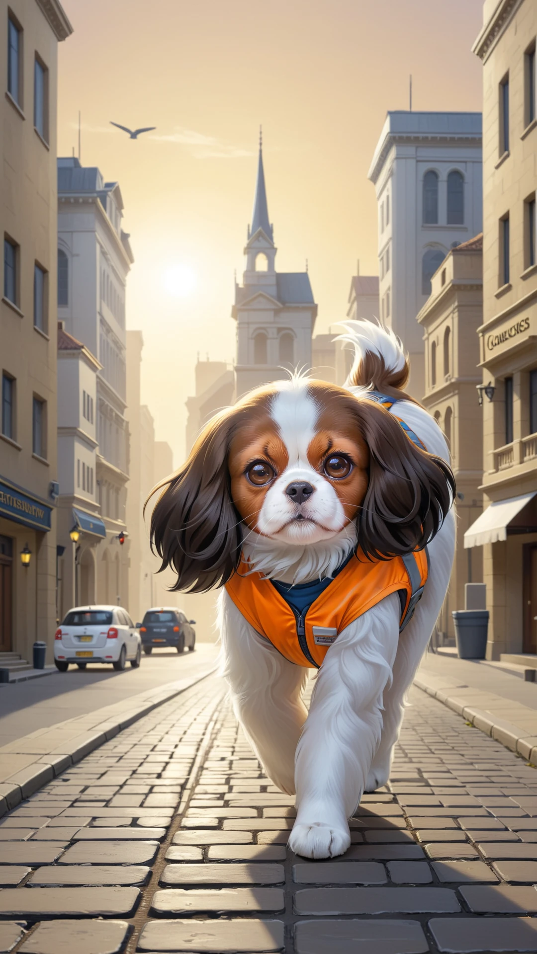 surreal supernatural fantasy illustration showing an (anthropomorphic:1.2) ( (brown:1.2)-(white:0.7) Phalene continental toy spaniel:1.2) wearing a construction worker's outfit and walking by the street (standing on rear legs:1.2) toward ancient treasury or bank, dimmed morning light, modern cozy city in background
BREAK frontal light, flat digital illustration, (trending on deviantart:0.6), cartoon with thin sharp outlines
BREAK NOBLEDOGS_CTS <lora:NOBLEDOGS_CTS-000018:0.33> NOBLEDOGS_CKCS <lora:Noble_Dogs_XL_CKCS_E27:0.13>