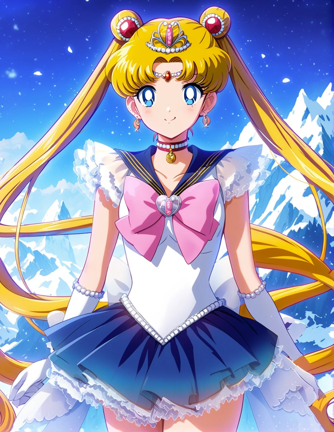1girl, solo, <lora:sdxl-lyco-princess-sailormoon-animagine_xl_3_1-v1-lemon:1>, princesssailormoon, double bun, twintails, circlet, earrings, frill, choker, tiara, bow, white leotard,gloves, miniskirt, standing ,smile, best quality, very aesthetic, ultra-detailed, intricate details, 4k,, newest, (retro:-1.0) ,(1990s:-1.0), BREAK on a glacier