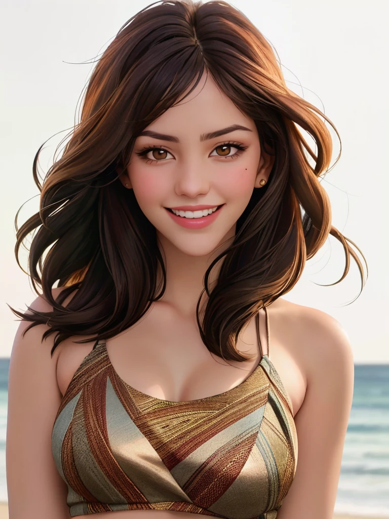 Realistic photo of a beautiful k4th4r1n3mp woman, 1girl, solo, looking at viewer, smile, brown hair, black hair, bare shoulders, upper body, teeth, medium hair, mole, grin, plant, realistic, professional Photography, Photorealistic, detailed, RAW, analog, sharp focus, high quality, film grain<lora:k4th4r1n3mp:1.0>