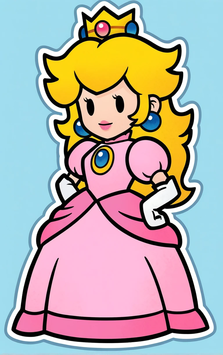 score_9, score_8_up, score_7_up, looking at viewer, BREAK
Main_PaperPeech_ownwaifu,
1girl, princess peach, blonde hair, pink dress, crown, elbow gloves, jewelry, long hair, earrings, chibi, outline, gem, white gloves, long dress, puffy short sleeves, solid oval eyes
(contrapposto, hand on hip),
<lora:PONYXL_PaperPeech_ownwaifu:0.7>