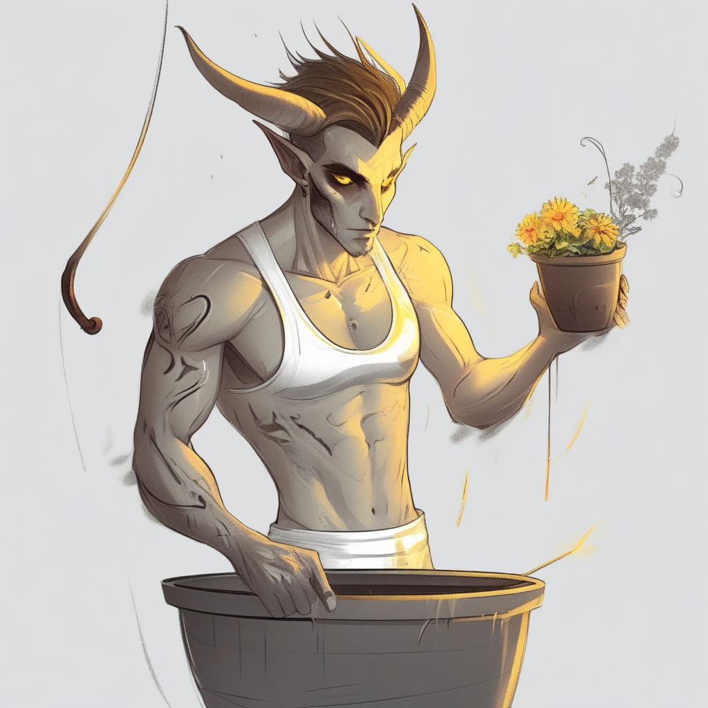 artllsktch, yellow eyes, brown hair, grey background, flower pot, mature male, 1girl, sports bra, ladle, black eyes, navel, demon horns, sharp fingernails, reflection