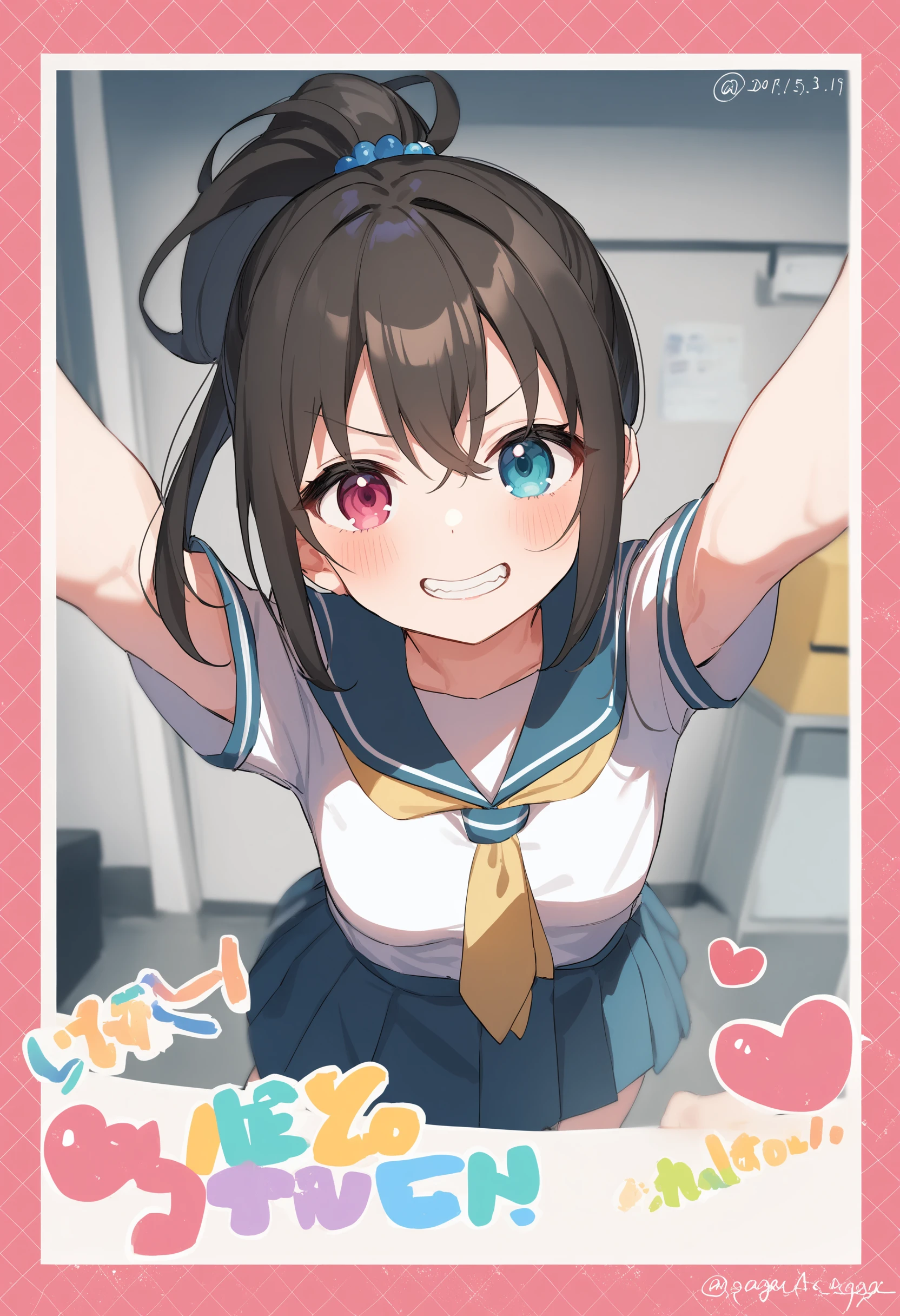 1girl,sincos, ningen mame, toosaka asagi,solo,medium breasts,school uniform,
polaroid, border, english text, character name, dated, artist name, signature,heart, twitter username,<lora:polaroid_XL_v1:0.8>
from below, fisheye lens, looking back, black hair, heterochromia,evil smile, arms Shop, open mouth, folded ponytail hair,,
best quality, very aesthetic, absurdres