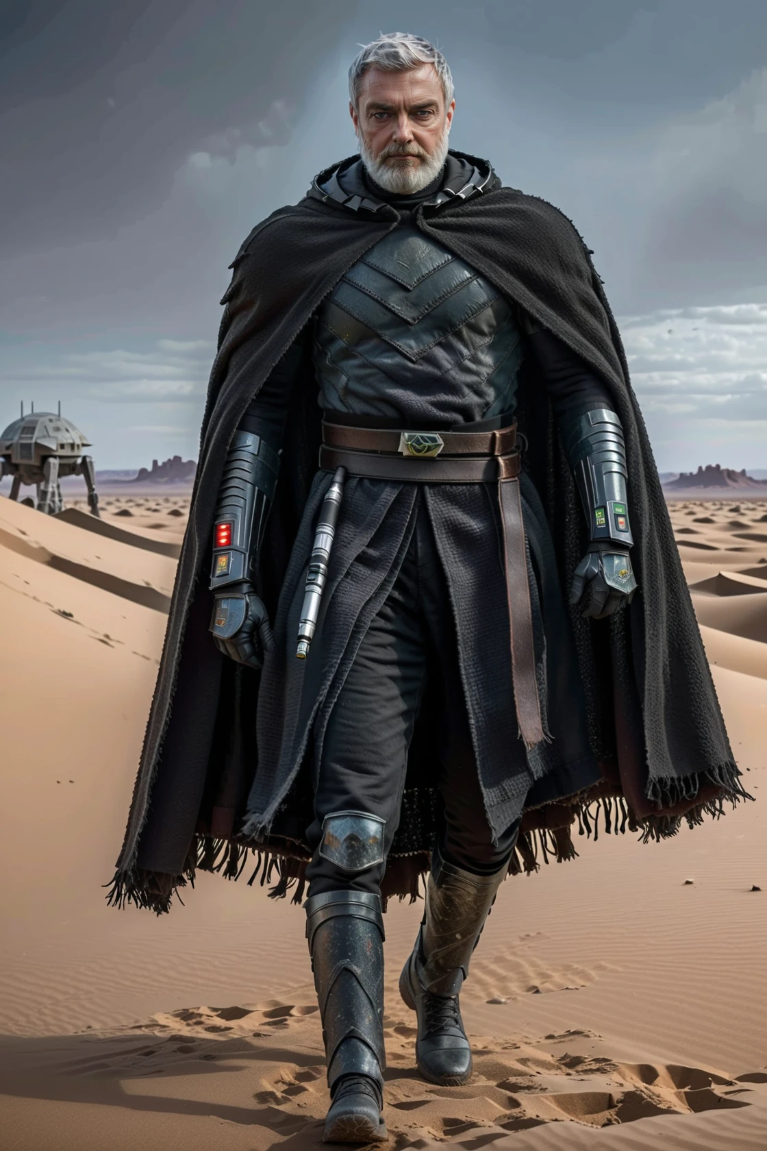 (side view1.5) of Baylan Skoll <lora:Baylan_Skoll:0.8> ((((running)))) with a red lightsaber wearing black cloak with hood, head covered with hood, (((exhibits acrobatic prowess on the planet Dathomir, engaged in battle with stormtroopers))), pose inspired by Boris Vallejo, brushwork echoing Carne Griffiths, and color palette reminiscent of Wadim Kashin, weathered and rugged armor, intense gaze, furrowed brow, dramatic shadows, worn body armor with intricate details, set under studio lighting, captured with a 5d camera, in HDR, 8k resolution, with a hyperdetailed Dathomirian landscape providing a stark backdrop, sharp focus, infused with a graphic novel aesthetic, cinematic, <lora:star-wars-style:0.3> Star wars style, background of desert