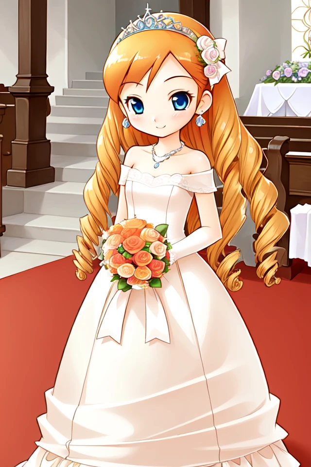 1 girl, indoors, church, holding bouquet, smile,
 <lora:Harvest_Moon_Hero_of_Leaf_Valley_-_Katie:0.6> holvkatie, orange hair, long hair, drill hair, curly hair, blue eyes,
white hairband, hair flower, tiara, lace, necklace, earrings, white dress, wedding dress, flowers, sleeveless, bare shoulders, strapless dress,