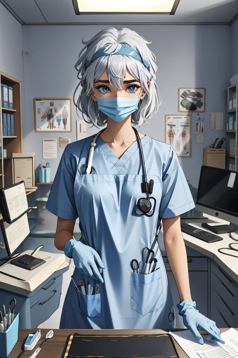 (RAW photo, best quality,facing the viewer,from front), operating room, overhead surgical light,blurred background, focused, dithering,backlighting, 
 <lora:Kidagakash:0.8> 1girl, kidagakash, solo, facial mark,blue eyes, white hair, 
 <lora:Doctor_Apron_Tools_V2.0:0.8> doctor_apron_tools, 1girl, solo, gloves, looking at viewer, surgical mask, apron, desk, stethoscope, headlamp,