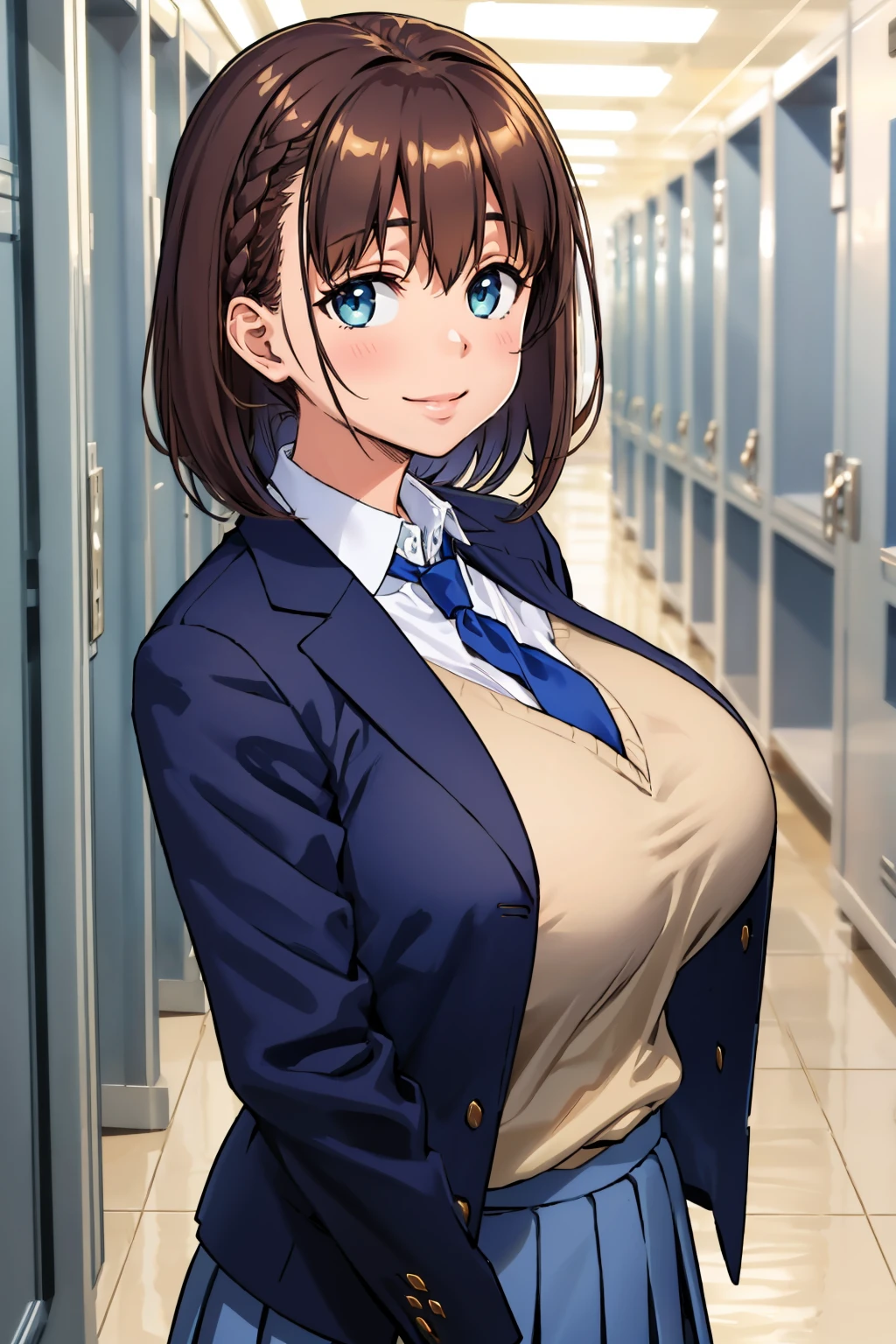 masterpiece, best quality, 1girl, <lora:aichan-nvwls-v1-000008:0.9> aichan, braid, blue blazer, yellow sweater vest, blue necktie, blue skirt, pleated skirt, large breasts, looking at viewer, smile, hallway, lockers, upper body