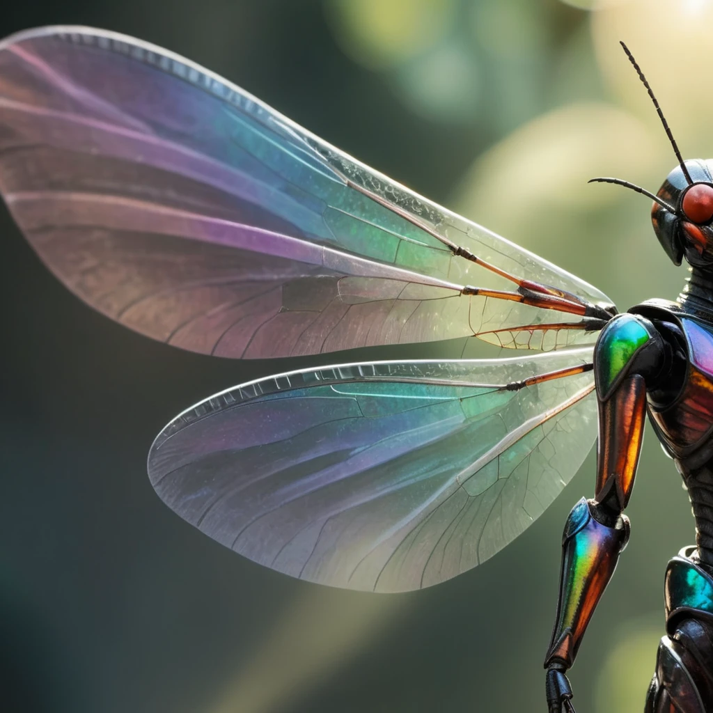 A Humanoid bug Warrior with translucent Insect wings, Bugwing, blurry background, with prismatic colors, epic cinematic lighting, <lora:Realistic_Bug_Wing_XL:1>