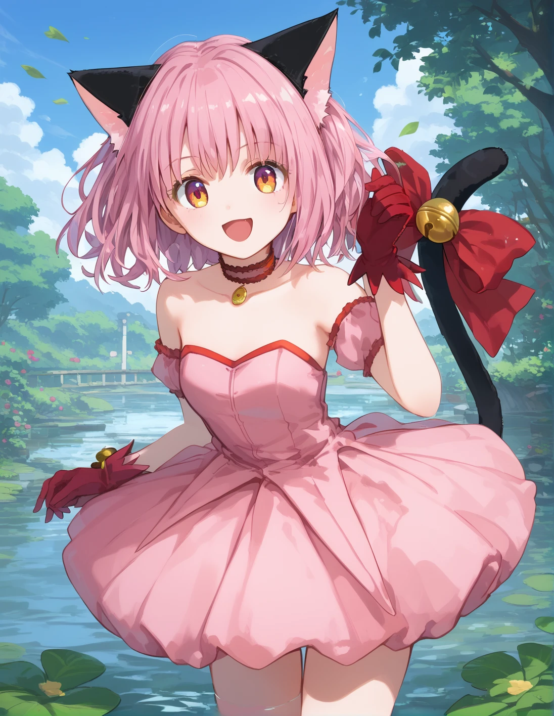 score_9, score_8_up, score_7_up, best quality, masterpiece, 4k, uncensored, prefect lighting, rating_explicit, very aesthetic, anime ,absurdres ,zPDXL, zPDXLpg,1girl, solo, <lora:sdxl-lyco-mew_ichigo-original-ponyDiffusionV6XL-v2:1>, mew_ichigo, tail bow, gloves, cat tail, red gloves, tail bell, choker, detached sleeves,pink dress, strapless, ,relaxed posture, elbows extended, standing , ,smile, open mouth, BREAK in a river