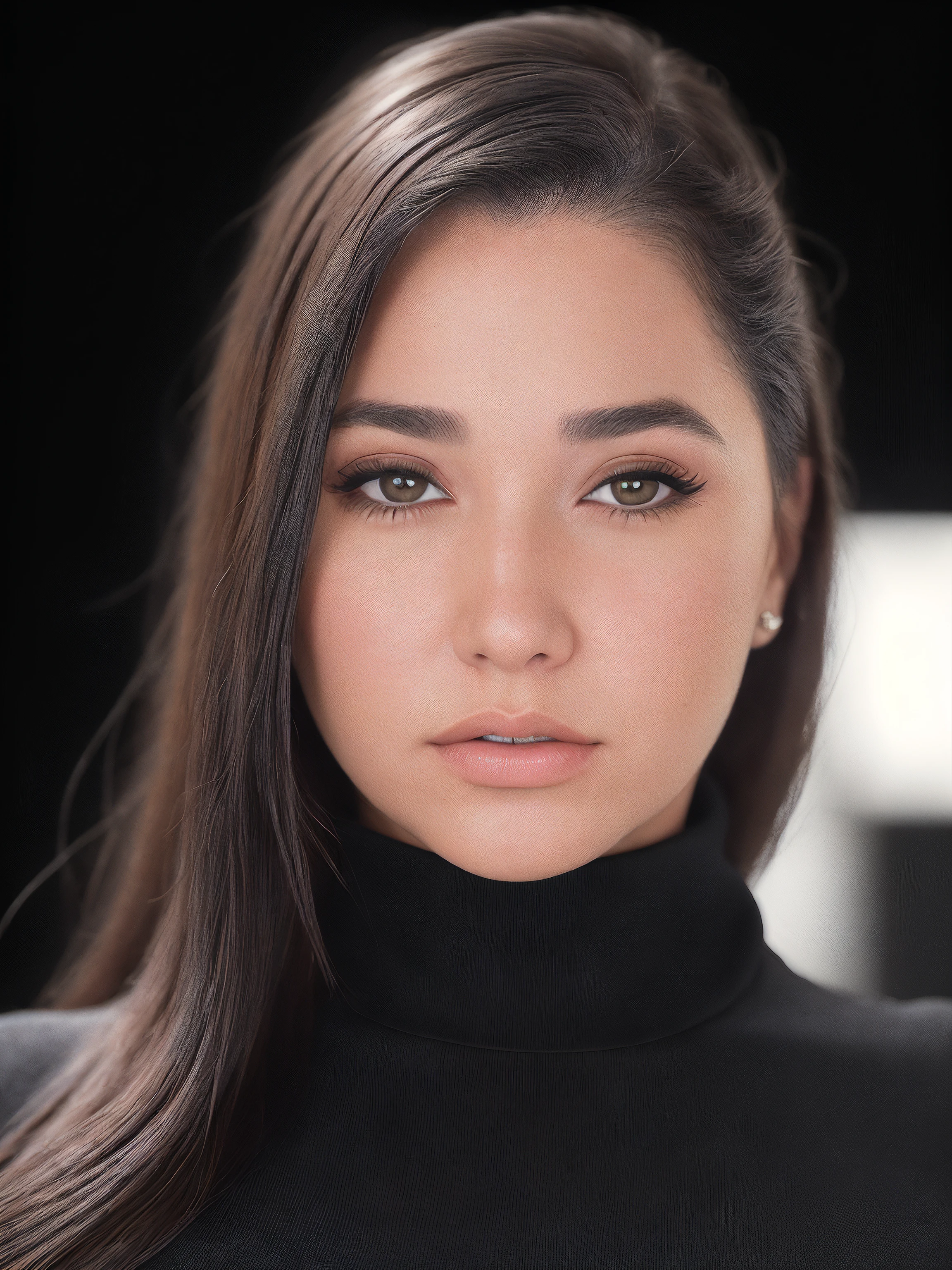 k@rl33, <lora:k@rl33:1>, ((closeup headshot)) of a beautiful woman, perfect long hair, ((wearing turtleneck jumper)), black background, ((moody, atmospheric)), hard shadows, cinematic, movie still, sharp focus, vignette, highly detailed, film grain, realistic