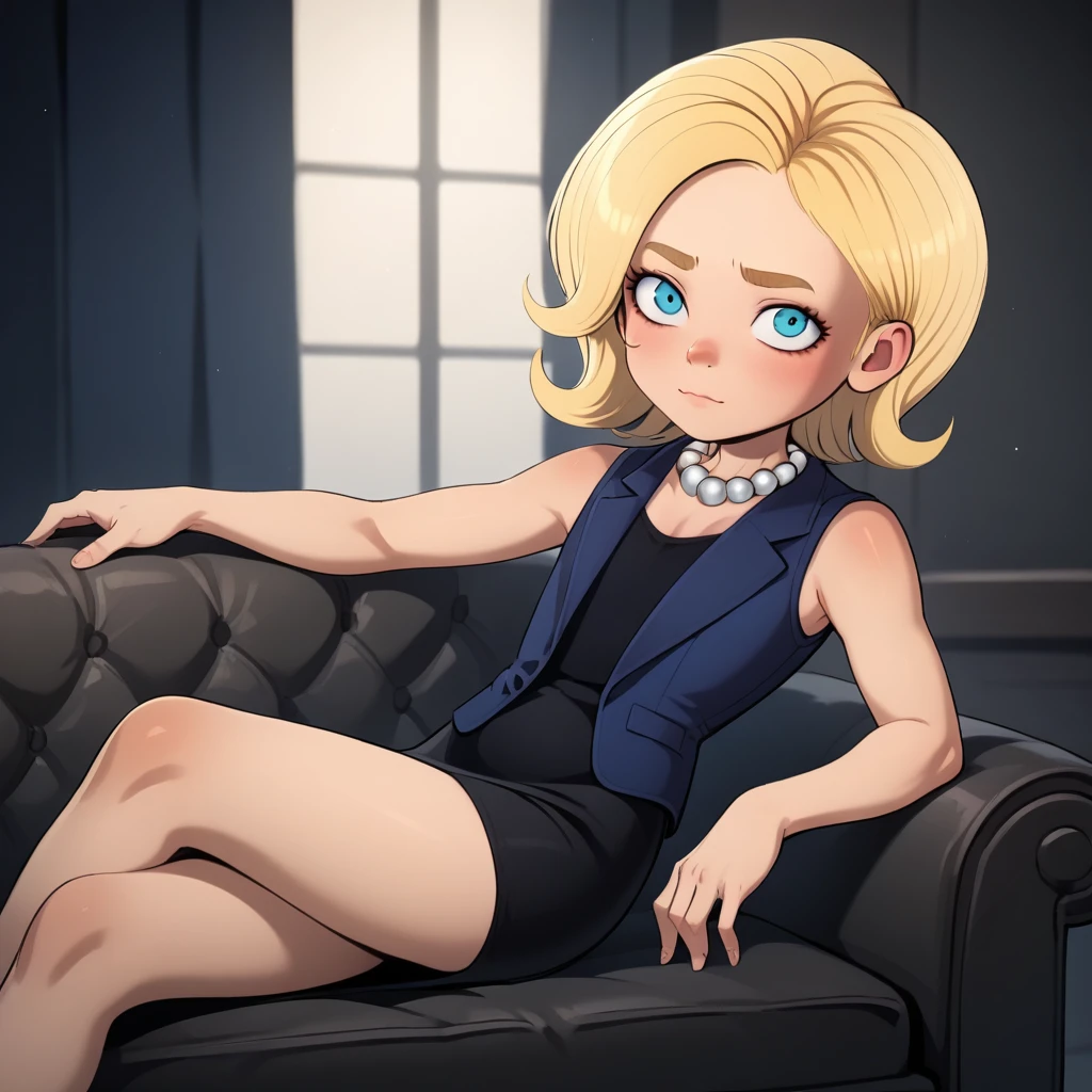 score_8_up, BREAK, Hilloli Clinton , 1girl, solo, blonde hair, short hair, pearl necklace, blue vest, black dress, short dress,  sleeveless, <lora:Hilloli_Clinton_PXL_Leaf2:1>, sitting on black couch