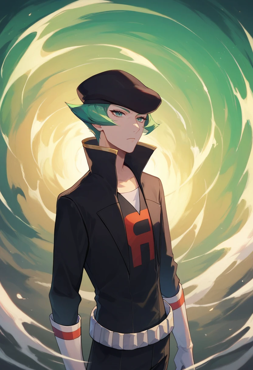 score_9, score_8_up, score_7_up, masterpiece, best quality, amazing quality, best aesthetic, absurdres, intricate details, proton_pokemon, green hair, green eyes, black hat, black jacket, black pants, white gloves, white boots, white belt,score_6_up<lora:EMS-382835-EMS:1.000000>