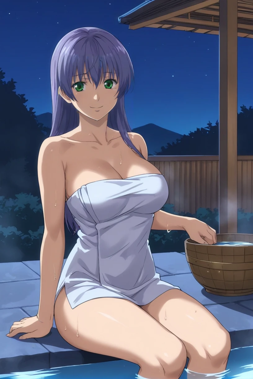 best quality,masterpiece,looking at viewer,absurdres,1girl,score_9,score_8_up,score_7_up,source_anime BREAK sasha,green eyes,purple hair,long hair,large breasts,<lora:033-å¥çç¥è¯LC-è¨æ²XLV2:0.8>,bare shoulders,breasts,cleavage,collarbone,white naked towel,night,night sky,onsen,rock,sky,smile,solo,star (sky),sweat,sweatdrop,thighs,water,wooden basin,basin