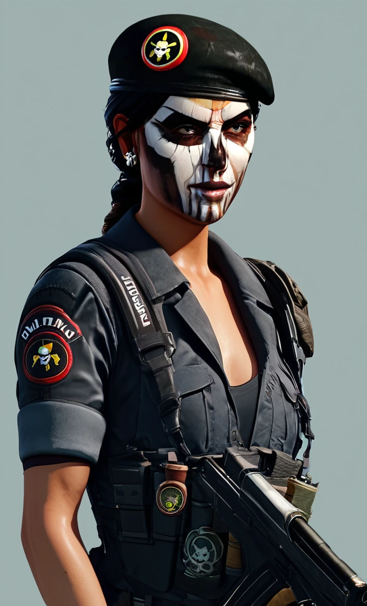 score_9, score_8_up, score_7_up,derpibooru_p_95, source_anime, very aesthetic, anime screencap, anime coloring, <lora:Caveira_Rainbow_Six_Siege_PONY_XL_by_UOC:1>,
caveira, caveira \(Rainbow Six Siege\), caveirawarpaint, 1girl, solo, simple background, black hair, 1boy, hat, jewelry, closed mouth, weapon, male focus, earrings, gun, beret, scar, portrait, realistic