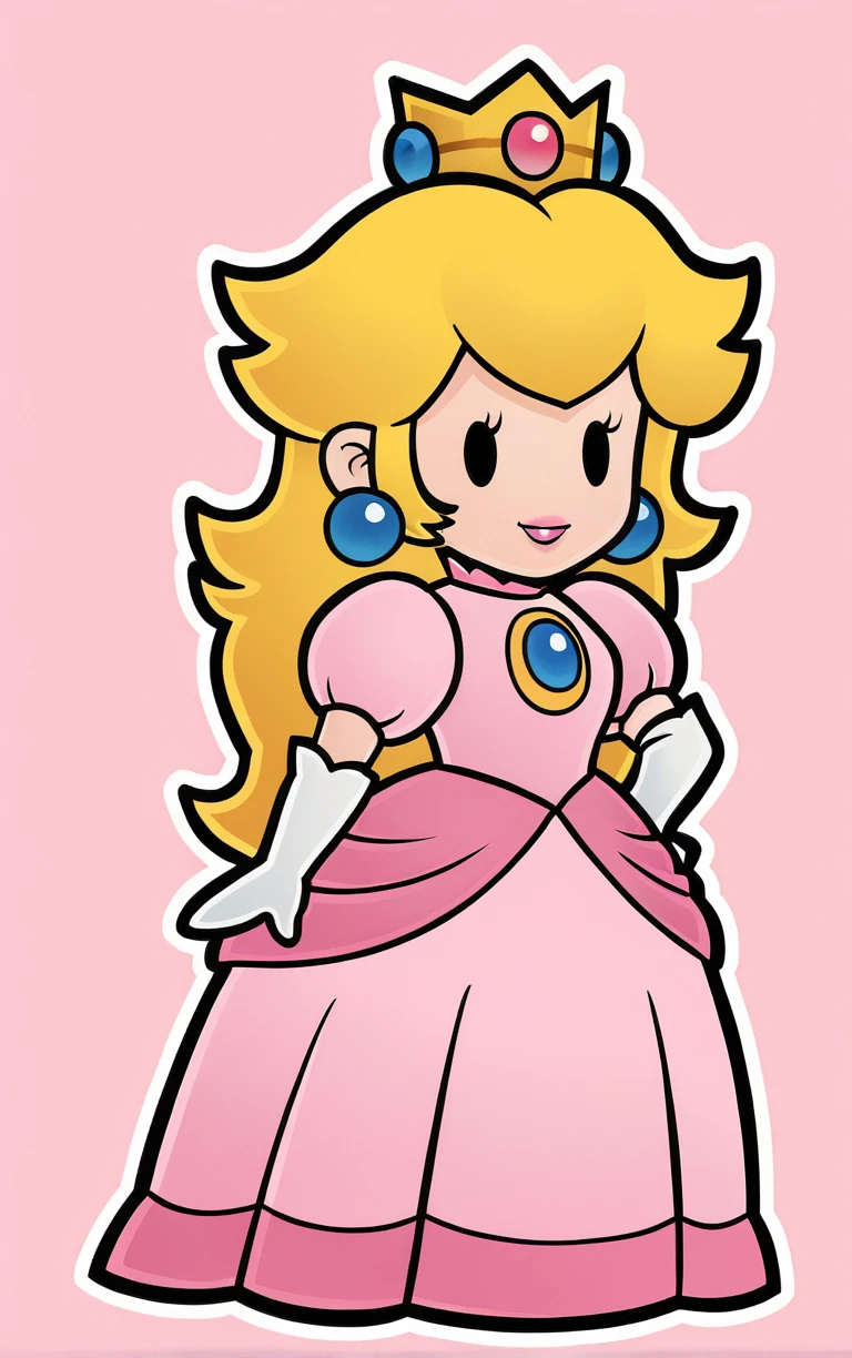 score_9, score_8_up, score_7_up, looking at viewer, BREAK
Main_PaperPeech_ownwaifu,
1girl, princess peach, blonde hair, pink dress, crown, elbow gloves, jewelry, long hair, earrings, chibi, outline, gem, white gloves, long dress, puffy short sleeves, solid oval eyes
(contrapposto, hand on hip),
<lora:PONYXL_PaperPeech_ownwaifu:0.7>