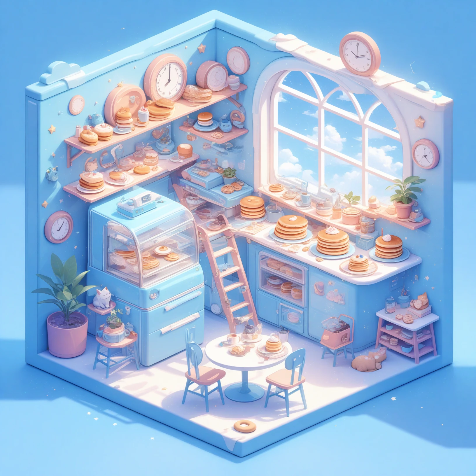 food,potted plant,pancake,no humans,plant,window,plate,chair,cookie,cloud,cake,blue background,clock,sky,table,cat,refrigerator,doughnut,cup,indoors,blue sky,stairs,cake slice,star \(symbol\),bread,jar,pancake stack,ladder,shelf,<lora:youxichangjingXL:0.7>,