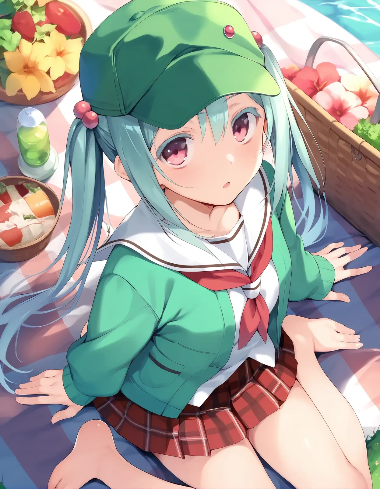 score_9, score_8_up, score_7_up, score_6_up, score_5_up, score_4_up, 1girl on the garden, wariza, picnic, dutch angle, dark green cap, serafuku, open green cardigan, silver aqua hair, pink eyes, (colored eyelashes:1.1), open mouth, twintails, plaid skirt, from above, looking away, neckerchief, 
, 
 <lora:midori_no_rupe_style_pony6_v1-000036:.8>