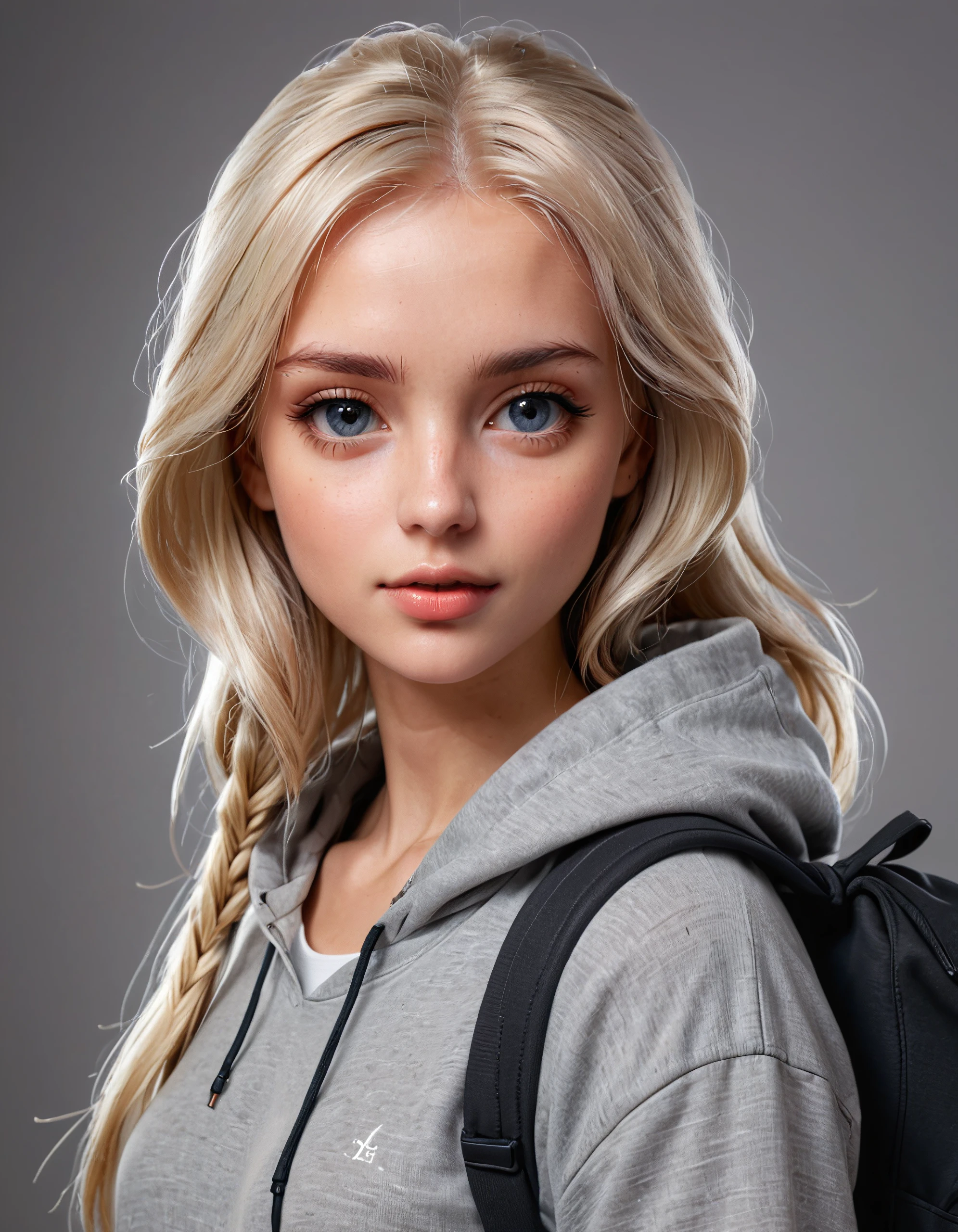 blonde woman with hoodie and backpack, doll style, digital art