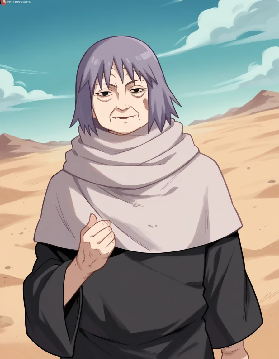 score_9, score_8_up, score_7_up, source_anime,
chiyobaasama, <lora:chiyobaasama-s1-ponyxl-lora-nochekaiser:1>,
chiyobaasama, old, old woman, wrinkled skin, short hair, purple hair, black eyes,
robe, scarf, long sleeves,
outdoors, desert, smile, sand,
upper body, looking at viewer, solo, dutch angle,