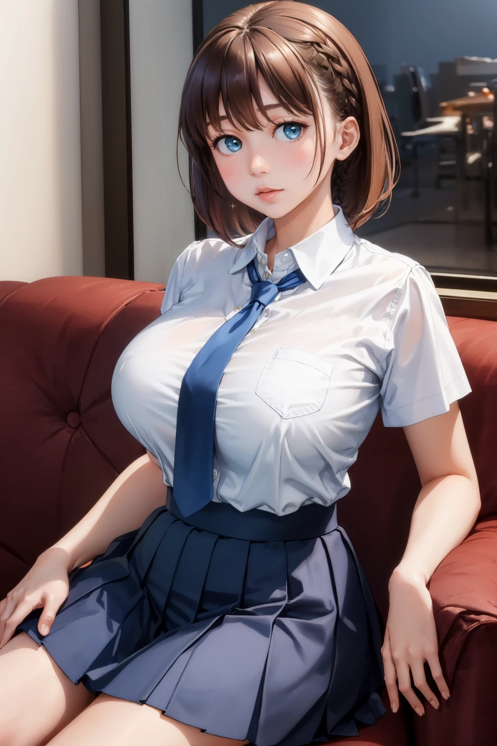 masterpiece, best quality, 1girl, <lora:aichan-nvwls-v1-000008:0.9> aichan, braid, white shirt, collared shirt, short sleeves, blue necktie, blue skirt, pleated skirt, large breasts, looking at viewer, sitting, couch, loafers