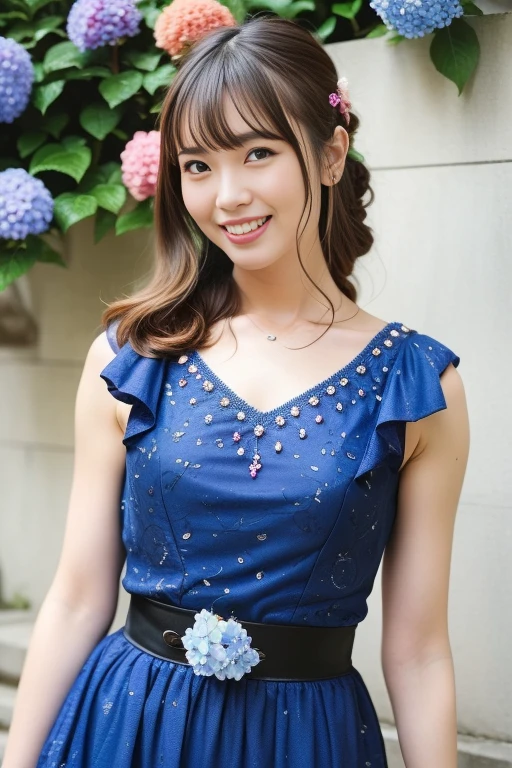 1girl,(RAW photo, best quality), (realistic, photo-realistic:1.4), masterpiece, an extremely delicate and beautiful, extremely detailed, 2k wallpaper, Amazing, finely detail, extremely detailed CG unity 8k wallpaper, ultra-detailed, highres, soft light, beautiful detailed girl, extremely detailed eyes and face, beautiful detailed nose, beautiful detailed eyes,cinematic lighting,perfect anatomy,slender body
wearing a blue peplum dress,blue skirt,(bokeh:1.2)
at a shrine,tall stone stairs,(hydrangea flowers),cloudy
<lora:fuchigamimai_lora:0.8>,smile