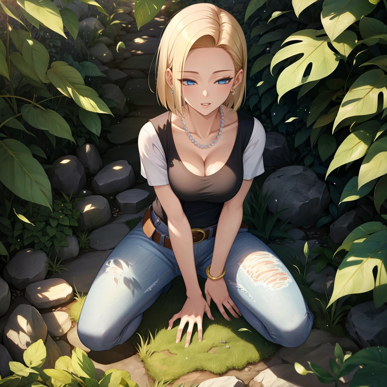 character, <lora:dbz_a18_2:0.6:TT>,and18,android 18,(blonde hair, blue eyes, short hair),belt,jeans,pearl_necklace,bracelet,black gloves,white shirt,short hair,short sleeves,earrings,blue pants,open vest,black vest,
1girl, solo girl, cleavage,large breasts,
Generate a breathtaking, highly detailed illustration, In a realm of enchanted serenity, a garden of tranquility blossoms, its Zen-like beauty inducing a sense of inner peace, A fantastical forest of glass trees and feather leaves, evoking a sense of wonder, Postmodernism background,
half-closed eyes, looking at hand, very parted lips, squatting, from above, 
<lora:bg_helper:0.4>,
((masterpiece, best quality)), high resolution, very detailed, absurdres, highres, detailed lighting, detailed shadows, ((detailed background, intricate detail, scenery)), detailed face