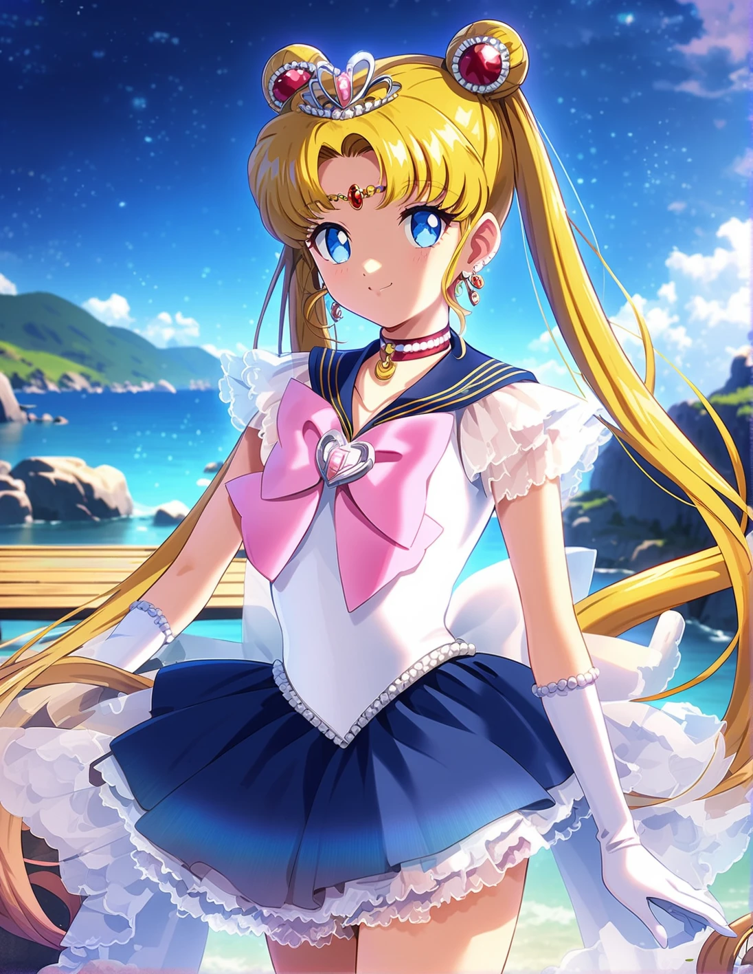 1girl, solo, <lora:sdxl-lyco-princess-sailormoon-animagine_xl_3_1-v1-lemon:1>, princesssailormoon, double bun, twintails, circlet, earrings, frill, choker, tiara, bow, white leotard,gloves, miniskirt, standing ,smile, best quality, very aesthetic, ultra-detailed, intricate details, 4k,, newest, (retro:-1.0) ,(1990s:-1.0), BREAK on a jetty