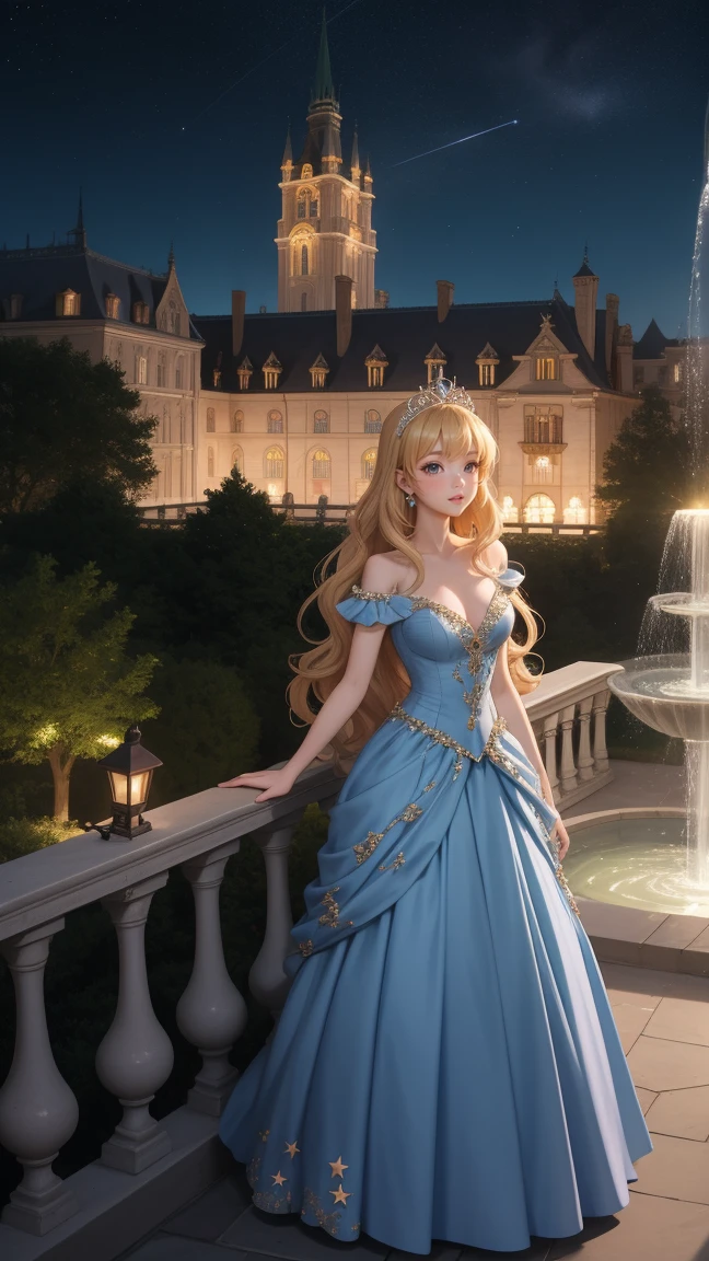 An anime fantasy princess in a grand castle, dressed in an elegant gown with a tiara. Her hair is long and wavy, and she stands on a balcony. The castle is surrounded by lush gardens, fountains, and a beautiful night sky with stars.