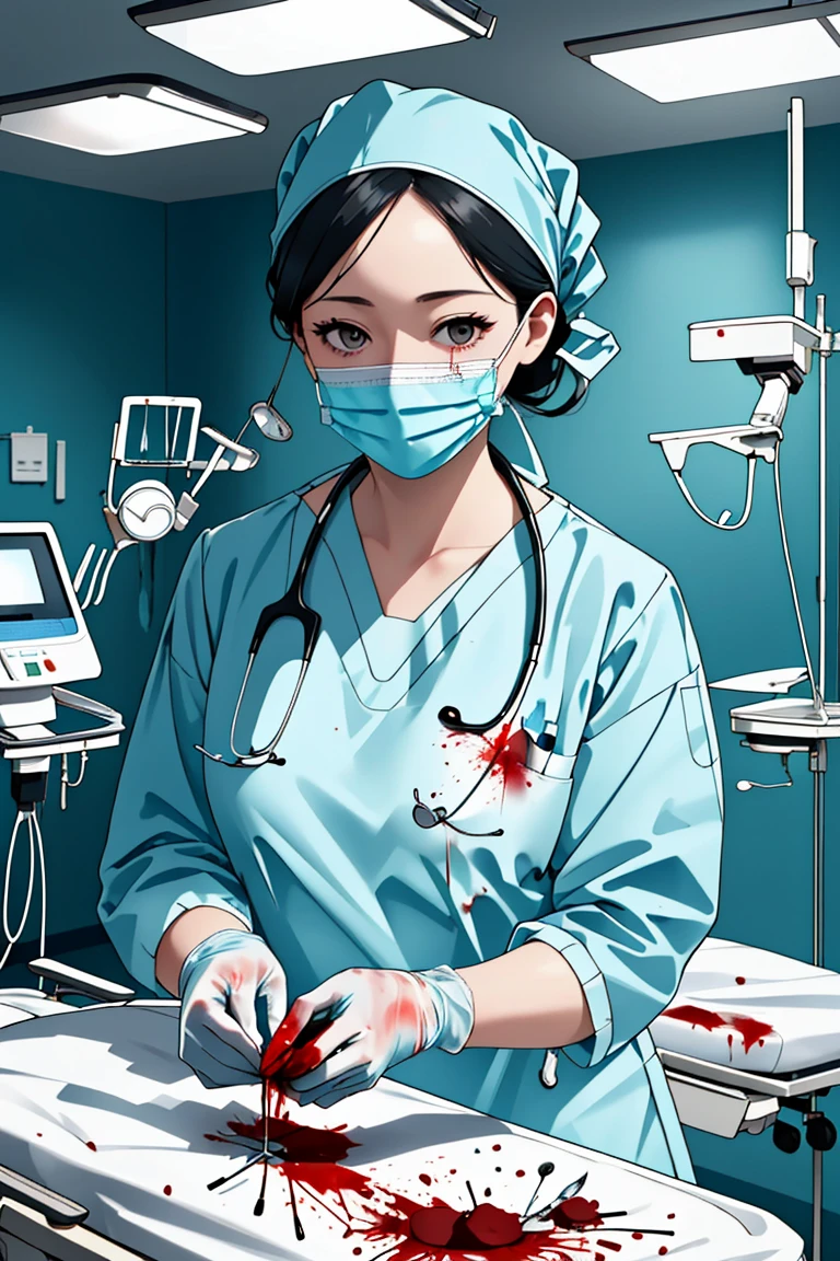 (RAW photo, best quality,facing the viewer,from front), operating room, overhead surgical light,blurred background, focused, dithering,backlighting,
 <lora:Doctor_Surgeon_Bloody_Uniform_V2.0:0.8> doctor_surgeon_uniform_bloody_a, 1girl, solo, gloves, blood, blood on clothes, surgical mask, stethoscope, doctor, looking at viewer, blood splatter,