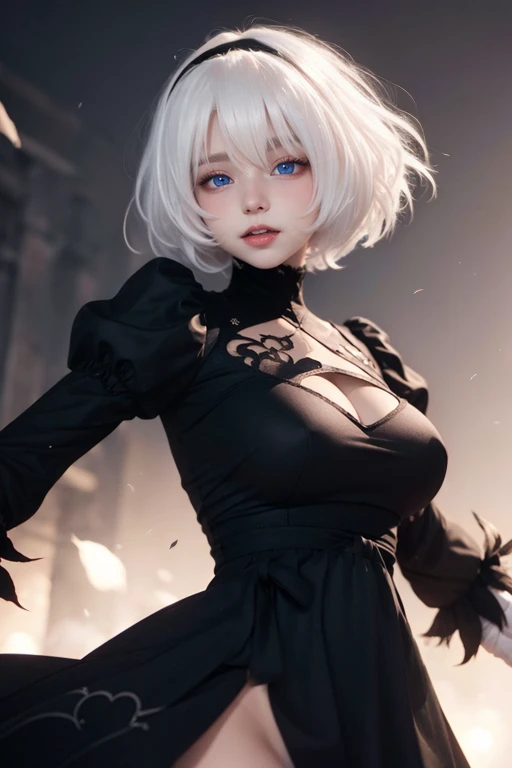 masterpiece,highres,best quality,1girl,solo,short hair,white hair,(blue eyes:1.1),(evil grin:0.8),big breasts,(black dress:1.3),(black skirt:1.3),mole under mouth,clothing cutout,long sleeves,puffy sleeves,juliet sleeves,feather trim,black thighhighs,black gloves,covered navel,(white leotard:1.2),(looking at viewer:1.2),<lora:y2b_v2-1:0.6>,<lora:Fuyukimika:1>,