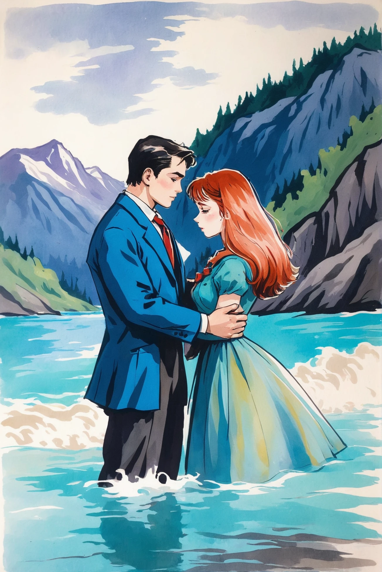 retro 1950s victorian romance magazine illustration, rough brush strokes, anime watercolor on vellum, underwater,mountainside scifi hamlet outside of reality<lora:EnvyStarlightAnimeWatercolor02:1.25>