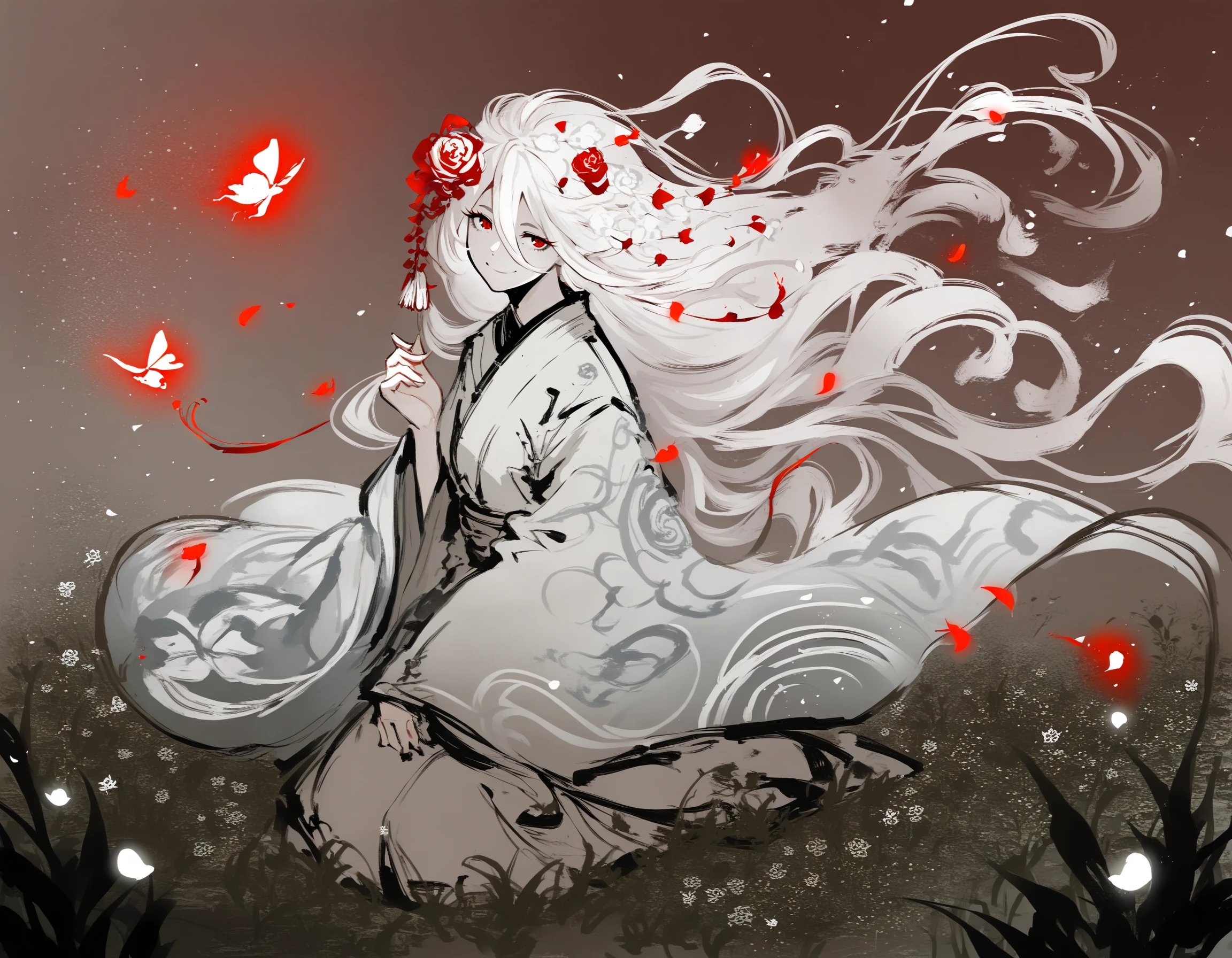 score_9, score_8_up, score_7_up, score_6_up, score_5_up, score_4_up, <lora:Sumi-ePonyXL:1>, sumi-e, monochrome, 1girl, smile, red eyes, white hair, kimono, flower in hair, intricate brushwork, eyelashes, floating hair, flower, glowing butterfly, grass, hair between eyes, light particles, blurry, long hair, long sleeves, sidelocks, solo, kneeling, tassel, very long hair, white robe, wide sleeves, flower in hair, white rose, gradient hair