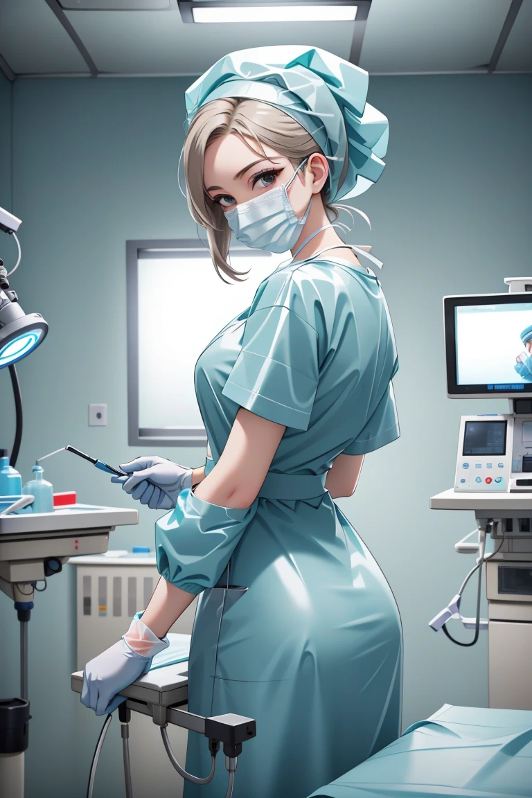 (RAW photo, best quality,facing the viewer,from front), operating room, overhead surgical light,blurred background, focused, dithering,backlighting,
 <lora:Doctor_Surgical_Rubber_Unif_Alt_V2.0:0.8> doctor_surgical_rubber_alt_r, 1girl, , solo, looking at viewer, surgical mask, latex gloves,latex uniform,