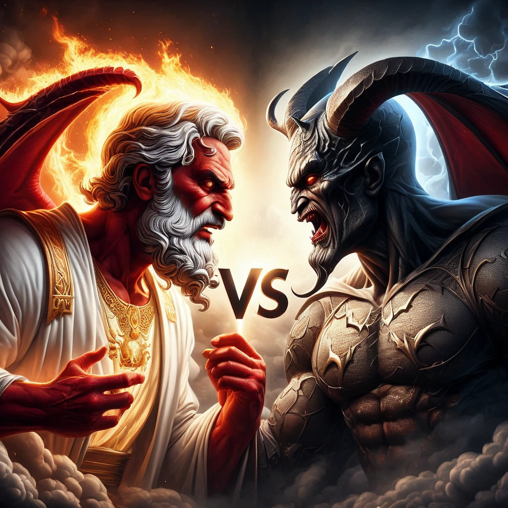 realistic image of God in one corner and Devil in the other corner, big text in middle of image that says " VS ", HD, masterpiece, best quality, hyper detailed, ultra detailed