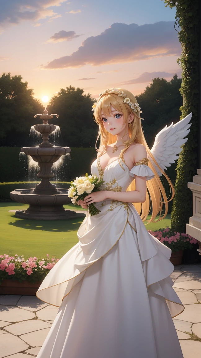 An anime angel in a celestial garden, dressed in a flowing white gown with wings. Her hair is long and golden, and she holds a harp. The garden is filled with heavenly flowers, fountains, and a glowing sunset sky.