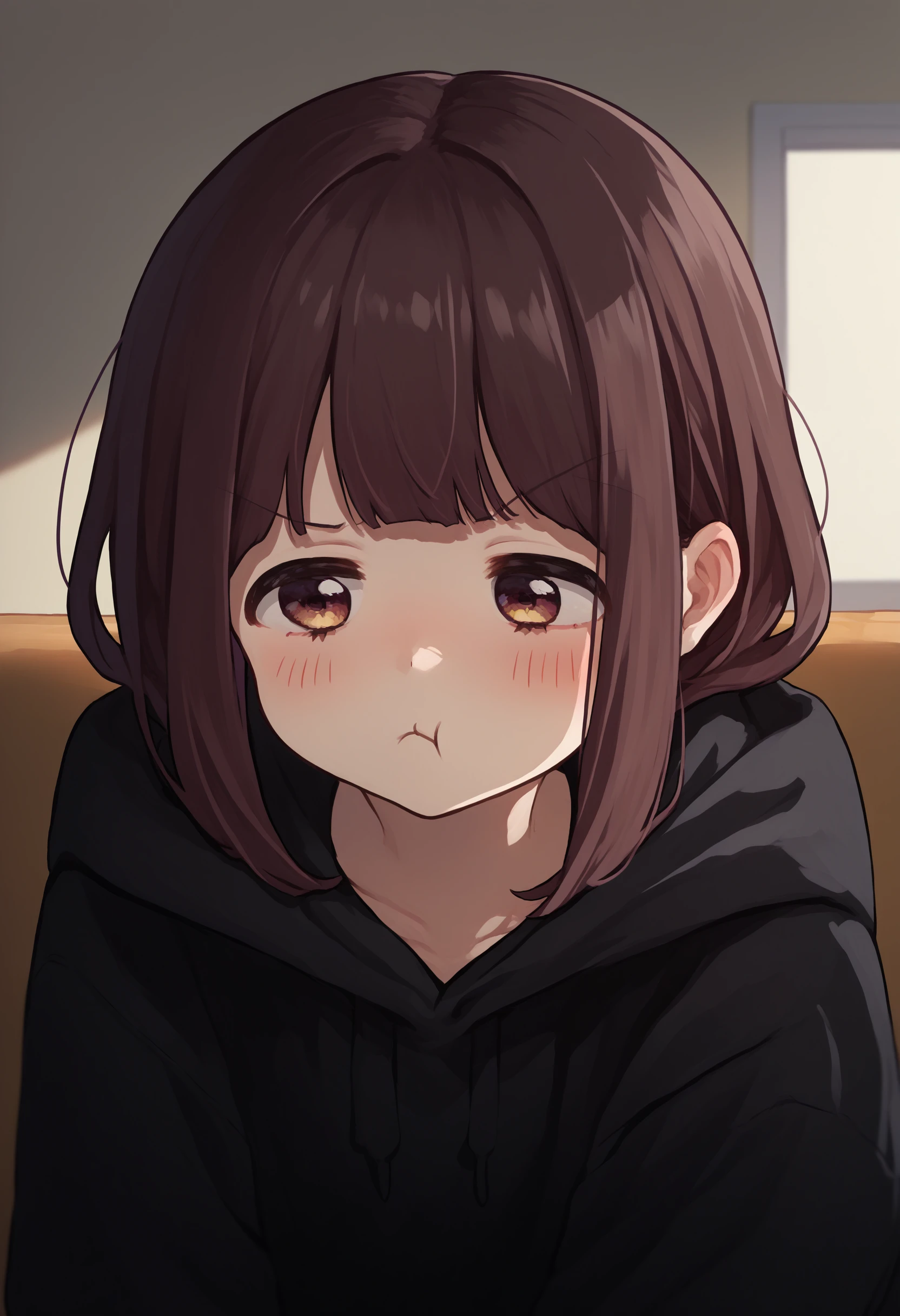 score_9, score_8_up, score_7_up, source_anime, 1girl, nanase kurumi \(menhera-chan\), brown hair, black hoodie, <lora:NanaseKurumi_Menhera-chan_XLPD:1>, <lora:Pout_XLPD:1>, pout, :t, closed mouth, indoors, upper body, blush,