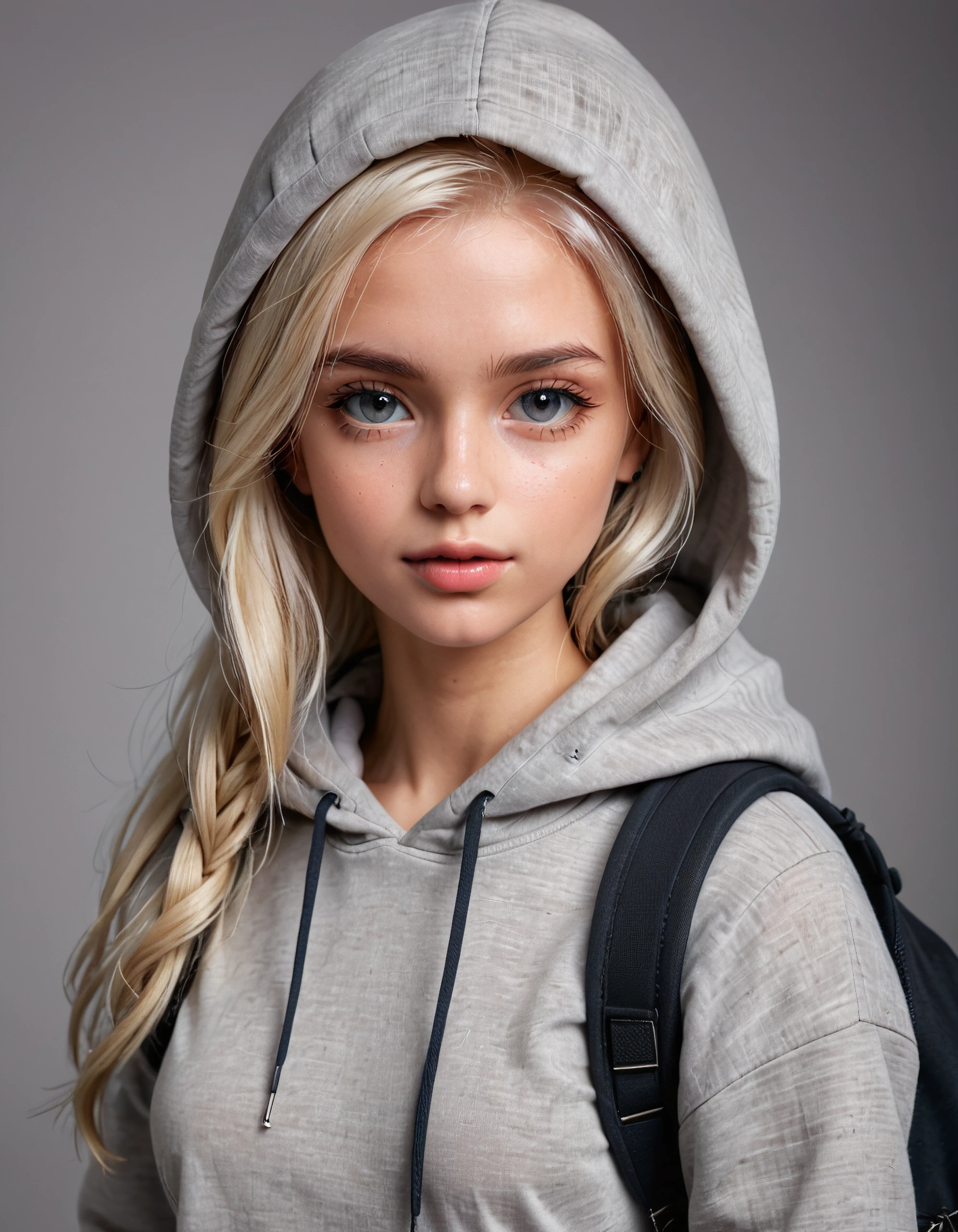 blonde woman with hoodie and backpack, doll style, digital art