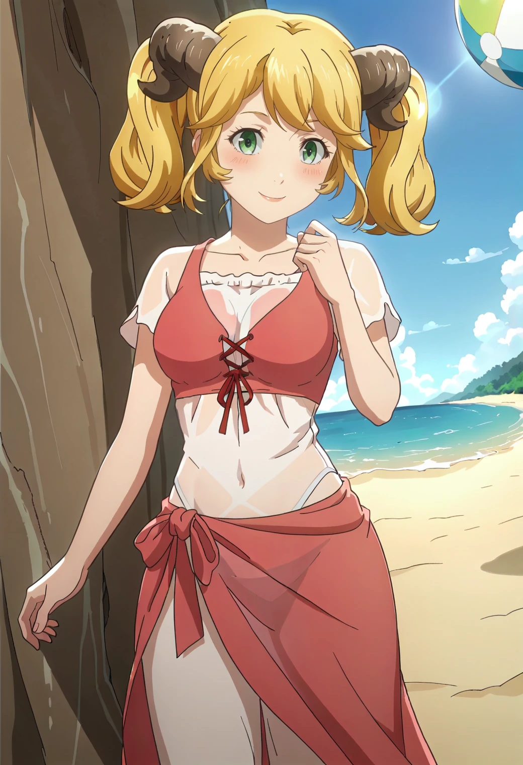 score_9, score_8_up, score_7_up, 1girl, solo, anime screencap, <lora:Aletta:0.8> aletta, twintails, horns,swimsuit, beach, beachball, dynamic pose,sunlight,shadow,  dutch angle, see-through sarong