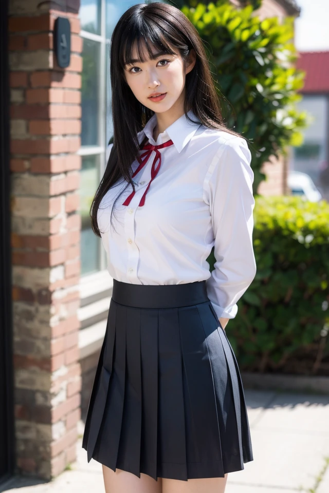 1girl,solo,skirt,shirt,long hair,flower,ribbon,white shirt,outdoors,parted lips,pleated skirt,bangs,looking at viewer,realistic,collared shirt,red ribbon,neck ribbon,long sleeves,day,blue skirt,black hair,arms behind back,school uniform,standing,cowboy shot,brown eyes,brown hair,black eyes,shirt tucked in,depth of field,blunt bangs,
realistic,photo background,looking at viewer,smile,indoors,
looking at viewer,best quality,masterpiece,illustration,an extremely delicate and beautiful,CG,unity,8k wallpaper,Amazing,finely detail,masterpiece,official art,extremely detailed CG unity 8k wallpaper,incredibly absurdres,huge filesize,ultra-detailed,highres,extremely detailed,realistic,,<lora:Coco_20240531003419:0.8>