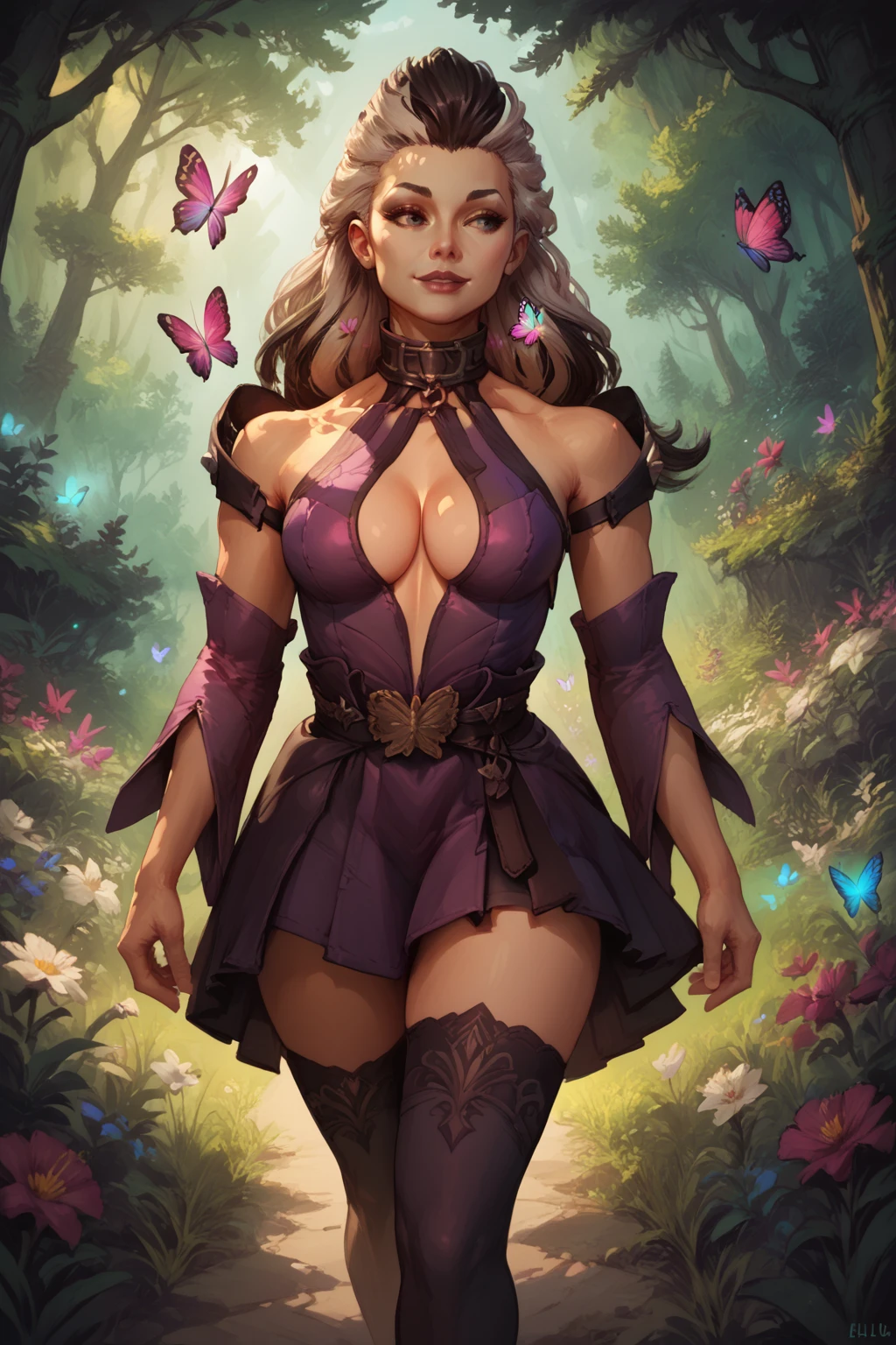 score_9, score_8_up, score_7_up, masterpiece, high quality
 <lora:Sindel MKPonyLoRA:0.8>Sndl, long hair, two-tone hair, hair slicked back, collar, top, detached sleeves, belt, skirt, cleavage cutout, thighhighs, walking in a forest, butterflies, flowers, happy