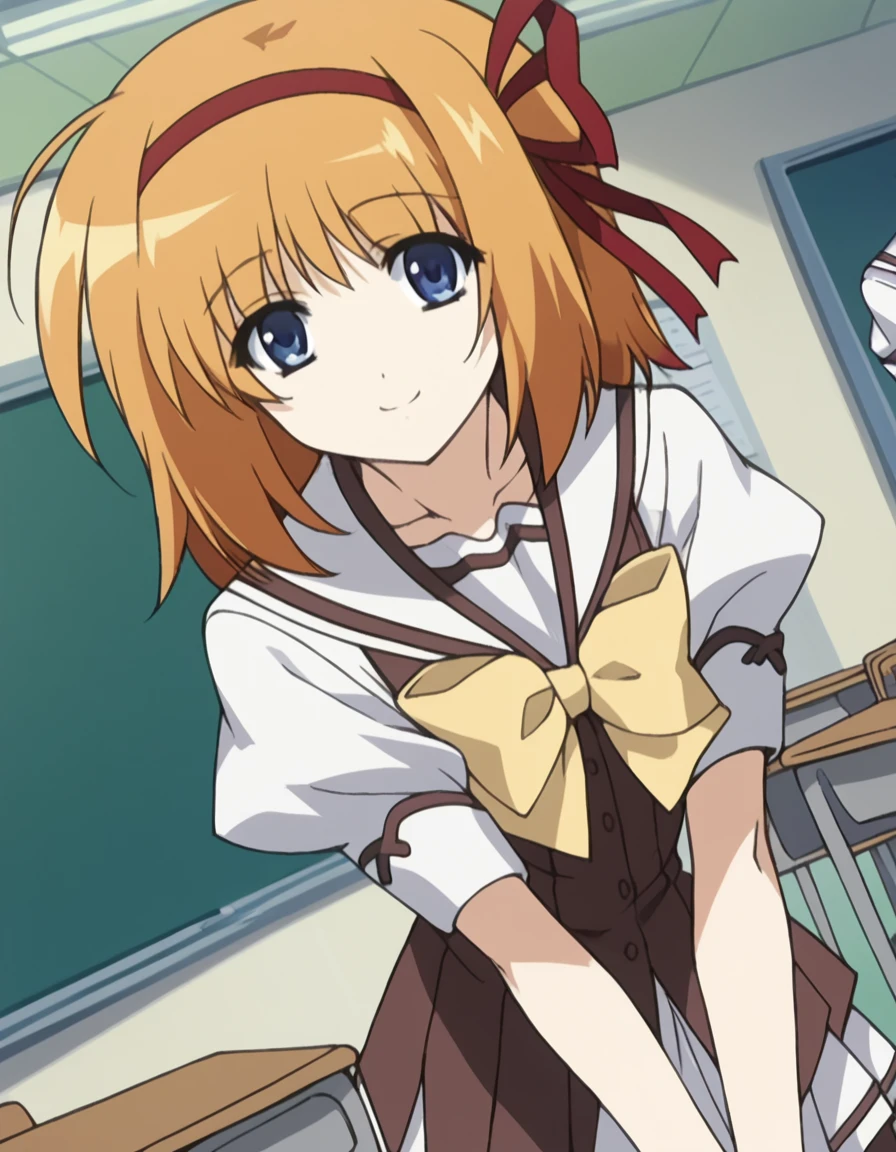 score_9, score_8_up, score_7_up, source_anime,
kaedefuyou, <lora:kaede-fuyou-s1-ponyxl-lora-nochekaiser:1>,
kaede fuyou, short hair, orange hair, hair ribbon, hairband, blue eyes,
skirt, bow, ribbon, school uniform, short sleeves, pleated skirt, serafuku, socks, puffy sleeves, bowtie, puffy short sleeves, black socks, yellow bow, yellow bowtie,
indoors, classroom, bent over, smile,
cowboy shot, looking at viewer, solo, dutch angle,