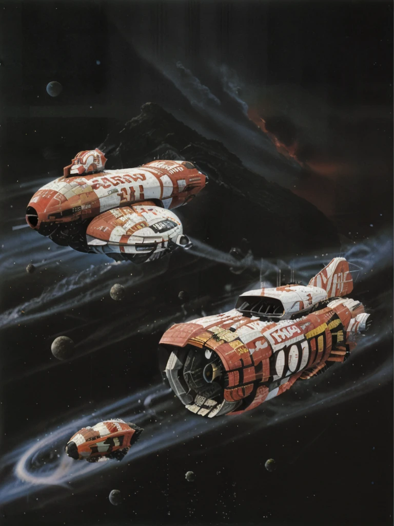 chris foss, a painting of a red and white (1 space ship) in a black sky